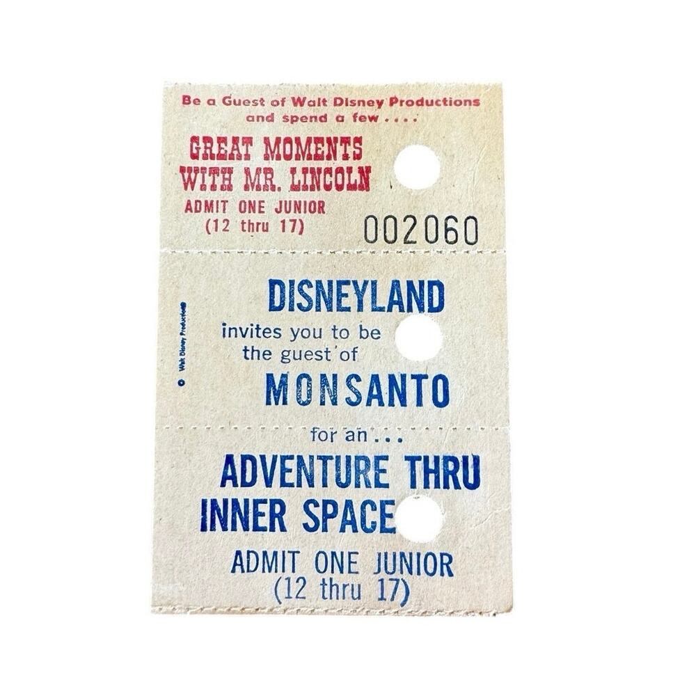 Vtg 60s Disney ticket.Great Moments w/Lincoln, AdventureThru InnerSpace Monsanto